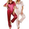 Ekouaer Satin Pajamas Set Women Short Sleeve Sleepwear Soft Button Down Loungewear Pjs Set(Burgundy/Beige)