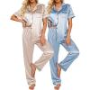 Ekouaer Satin Pajamas Set Women Short Sleeve Sleepwear Soft Button Down Loungewear Pjs Set(Champagne/Light Blue)