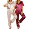 Ekouaer Satin Pajamas Set Women Short Sleeve Sleepwear Soft Button Down Loungewear Pjs Set(Champagne/Wind Red)