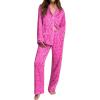 Ekouaer Womens Pajama Sets Satin Silk Pjs Classic Button Down Sleepwear Soft Long Sleeve Lounge Sets(Hot Pink Leopard)