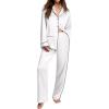 Ekouaer Womens Pajama Sets Satin Silk Pjs Classic Button Down Sleepwear Soft Long Sleeve Lounge Sets(White)
