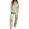 Ekouaer Womens Pajama Sets Satin Silk Pjs Classic Button Down Sleepwear Soft Long Sleeve Lounge Sets(Yellow Chrysanthemum)
