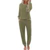 Ekouaer Womens Pajamas Set Waffle Knit Long Sleeve Lounge Set 2 Piece Pj Loungewear Sleepwear S-XXL(Army Green)