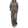 Ekouaer Womens Satin Silky Pajama Set 2 Piece Print PJs Soft Loungewear Button Down Sleepwear with Elastic Waist Long Pants(Apricot Leopard Print)