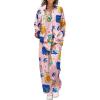 Ekouaer Womens Satin Silky Pajama Set 2 Piece Print PJs Soft Loungewear Button Down Sleepwear with Elastic Waist Long Pants(B-pink Pigeon)