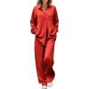 Ekouaer Womens Satin Silky Pajama Set 2 Piece Print PJs Soft Loungewear Button Down Sleepwear with Elastic Waist Long Pants(True Red)