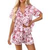Ekouaer Womens Silk Pajama Sets Button Up Satin Pjs Short Sleeve 2 Piece Pj Sets Cute Lounge Sets with Chest Pocket(Red Flowers)