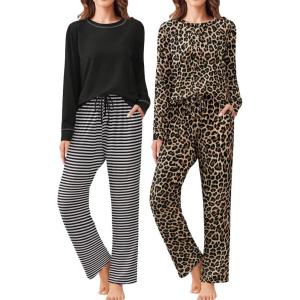 Ekouaer 2 Pack Women Pajama Long Sleeve Sleepwear Soft Loungewear Pjs Sets with Pockets S-XXL(Black Striped/Leopard)