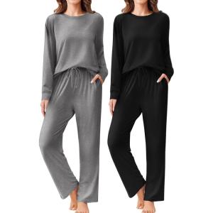 Ekouaer 2 Pack Women Pajama Long Sleeve Sleepwear Soft Loungewear Pjs Sets with Pockets S-XXL(Black/Grey)