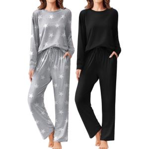 Ekouaer 2 Pack Women Pajama Long Sleeve Sleepwear Soft Loungewear Pjs Sets with Pockets S-XXL(Black/Grey Star Print)