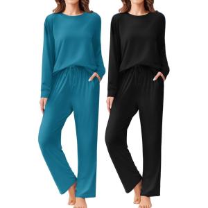 Ekouaer 2 Pack Women Pajama Long Sleeve Sleepwear Soft Loungewear Pjs Sets with Pockets S-XXL(Blue Green/Black)