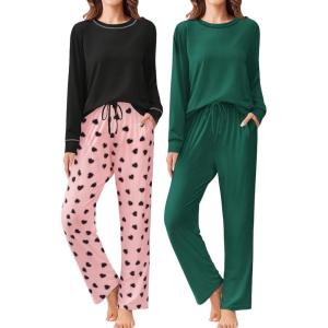Ekouaer 2 Pack Women Pajama Long Sleeve Sleepwear Soft Loungewear Pjs Sets with Pockets S-XXL(Blue Green/Pink Heart)