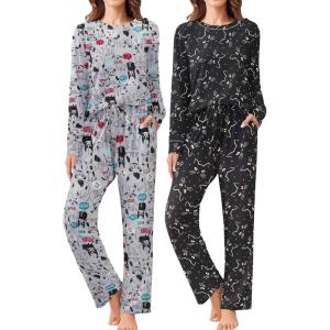 Ekouaer 2 Pack Women Pajama Long Sleeve Sleepwear Soft Loungewear Pjs Sets with Pockets S-XXL(Dog/Cat)