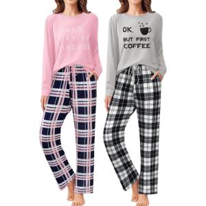 Ekouaer 2 Pack Women Pajama Long Sleeve Sleepwear Soft Loungewear Pjs Sets with Pockets S-XXL(Light Pink Plaid/Grey Plaid)
