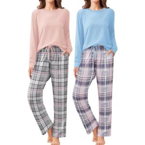 Ekouaer 2 Pack Women Pajama Long Sleeve Sleepwear Soft Loungewear Pjs Sets with Pockets S-XXL(Light Pink Plaid/Light Blue Plaid)