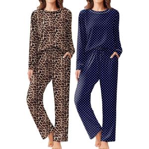 Ekouaer 2 Pack Women Pajama Long Sleeve Sleepwear Soft Loungewear Pjs Sets with Pockets S-XXL(Navy Blue Dots/Leopard Print)