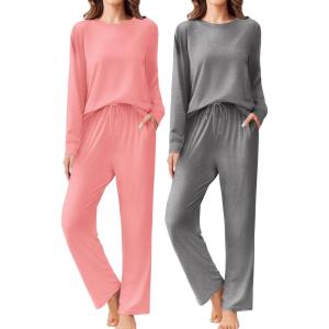 Ekouaer 2 Pack Women Pajama Long Sleeve Sleepwear Soft Loungewear Pjs Sets with Pockets S-XXL(Pink/Grey)