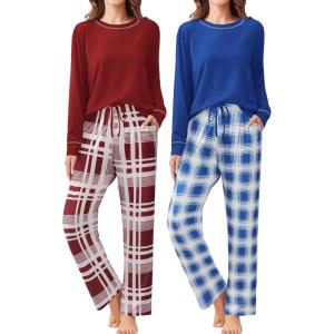 Ekouaer 2 Pack Women Pajama Long Sleeve Sleepwear Soft Loungewear Pjs Sets with Pockets S-XXL(Wine Red Plaid/Blue Plaid)