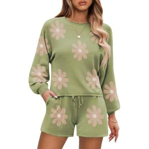 Ekouaer Knit Pajamas Set for Women Lounge Wear Sets Long Sleeve Sweatsuit Matching 2 Piece Outfits Casual Sweater Sets S-XXL(A-green Flower)