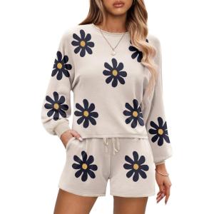 Ekouaer Knit Pajamas Set for Women Lounge Wear Sets Long Sleeve Sweatsuit Matching 2 Piece Outfits Casual Sweater Sets S-XXL(A-white Flower)
