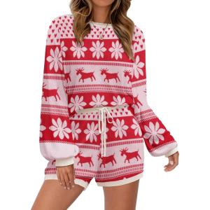 Ekouaer Knit Pajamas Set for Women Lounge Wear Sets Long Sleeve Sweatsuit Matching 2 Piece Outfits Casual Sweater Sets S-XXL(Christmas White)