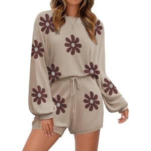 Ekouaer Knit Pajamas Set for Women Lounge Wear Sets Long Sleeve Sweatsuit Matching 2 Piece Outfits Casual Sweater Sets S-XXL(Floral Khaki)