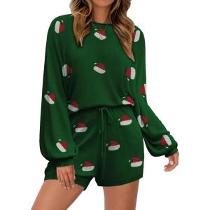 Ekouaer Knit Pajamas Set for Women Lounge Wear Sets Long Sleeve Sweatsuit Matching 2 Piece Outfits Casual Sweater Sets S-XXL(Green Santa Hat)