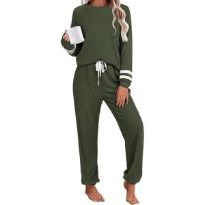 Ekouaer Lounge Sets for Women Ribbed Knit Outfits Pajamas Sets 2 Piece Long Sleeve Sweatsuits with Pockets(Army Green)