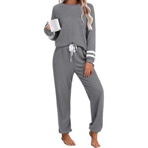 Ekouaer Lounge Sets for Women Ribbed Knit Outfits Pajamas Sets 2 Piece Long Sleeve Sweatsuits with Pockets(Dark Grey)