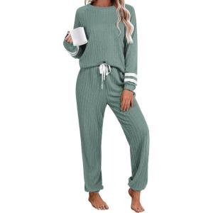 Ekouaer Lounge Sets for Women Ribbed Knit Outfits Pajamas Sets 2 Piece Long Sleeve Sweatsuits with Pockets(Green)