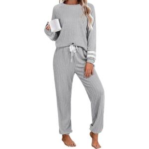 Ekouaer Lounge Sets for Women Ribbed Knit Outfits Pajamas Sets 2 Piece Long Sleeve Sweatsuits with Pockets(Grey)