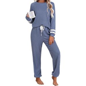 Ekouaer Lounge Sets for Women Ribbed Knit Outfits Pajamas Sets 2 Piece Long Sleeve Sweatsuits with Pockets(Grey Blue)