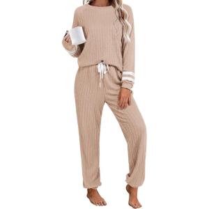 Ekouaer Lounge Sets for Women Ribbed Knit Outfits Pajamas Sets 2 Piece Long Sleeve Sweatsuits with Pockets(Khaki)