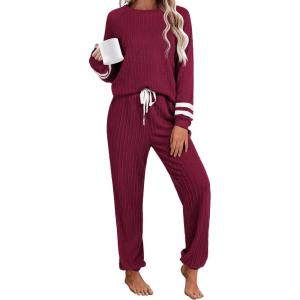 Ekouaer Lounge Sets for Women Ribbed Knit Outfits Pajamas Sets 2 Piece Long Sleeve Sweatsuits with Pockets(Wine Red)