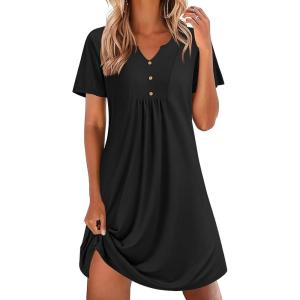 Ekouaer Nightgowns for Women Cotton Night Gowns Pleated Nightshirts Henley V Neck Sleepshirts Short Sleeve Sleepwear(Black)