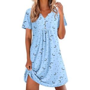 Ekouaer Nightgowns for Women Cotton Night Gowns Pleated Nightshirts Henley V Neck Sleepshirts Short Sleeve Sleepwear(Blue Star & Moon)