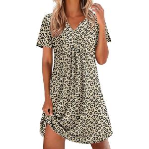 Ekouaer Nightgowns for Women Cotton Night Gowns Pleated Nightshirts Henley V Neck Sleepshirts Short Sleeve Sleepwear(Brown Leopard)