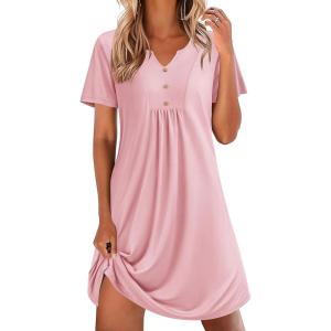 Ekouaer Nightgowns for Women Cotton Night Gowns Pleated Nightshirts Henley V Neck Sleepshirts Short Sleeve Sleepwear(Pink)