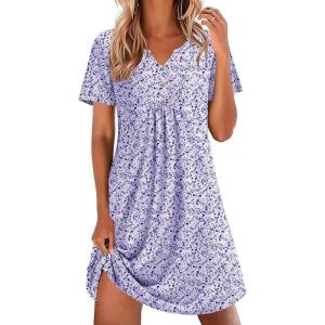 Ekouaer Nightgowns for Women Cotton Night Gowns Pleated Nightshirts Henley V Neck Sleepshirts Short Sleeve Sleepwear(Purple & Blue Dots)
