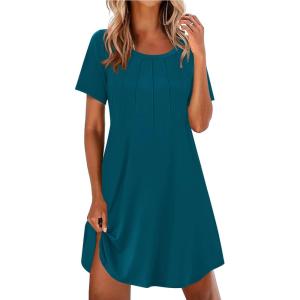 Ekouaer Nightgowns for Women Pleated Nightshirts Short Sleeve Sleepshirts Crew Neck Sleepwear Soft Night Gown Sleepdress(Blue Green)