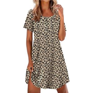 Ekouaer Nightgowns for Women Pleated Nightshirts Short Sleeve Sleepshirts Crew Neck Sleepwear Soft Night Gown Sleepdress(Brown Leopard)