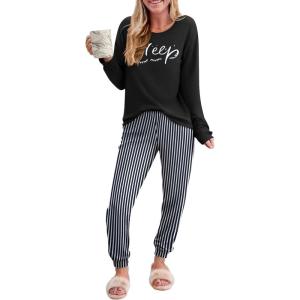 Ekouaer Pajama Sets for Women 2 Piece Plaid Pjs Long Sleeve Lounge Sets Comfy Gingham Nightwear with Pockets(Black Striped)