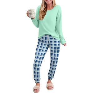 Ekouaer Pajama Sets for Women 2 Piece Plaid Pjs Long Sleeve Lounge Sets Comfy Gingham Nightwear with Pockets(Blue Plaid)