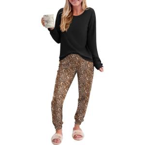 Ekouaer Pajama Sets for Women 2 Piece Plaid Pjs Long Sleeve Lounge Sets Comfy Gingham Nightwear with Pockets(Brown Leopard)