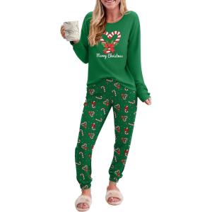 Ekouaer Pajama Sets for Women 2 Piece Plaid Pjs Long Sleeve Lounge Sets Comfy Gingham Nightwear with Pockets(Christmas Cane Green)