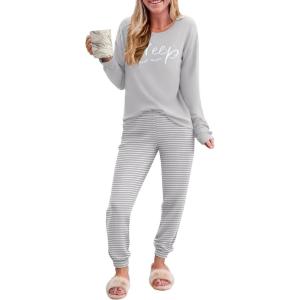 Ekouaer Pajama Sets for Women 2 Piece Plaid Pjs Long Sleeve Lounge Sets Comfy Gingham Nightwear with Pockets(Gray Striped)