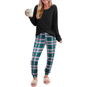 Ekouaer Pajama Sets for Women 2 Piece Plaid Pjs Long Sleeve Lounge Sets Comfy Gingham Nightwear with Pockets(Green Plaid)