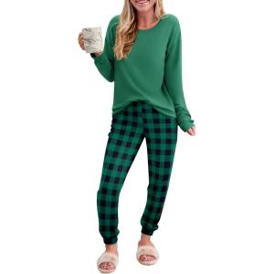 Ekouaer Pajama Sets for Women 2 Piece Plaid Pjs Long Sleeve Lounge Sets Comfy Gingham Nightwear with Pockets(Green and Black Plaid)