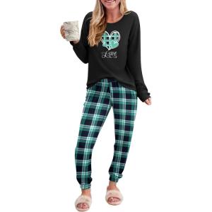 Ekouaer Pajama Sets for Women 2 Piece Plaid Pjs Long Sleeve Lounge Sets Comfy Gingham Nightwear with Pockets(Heart Plaid Green)