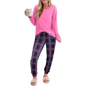 Ekouaer Pajama Sets for Women 2 Piece Plaid Pjs Long Sleeve Lounge Sets Comfy Gingham Nightwear with Pockets(Pink Plaid)
